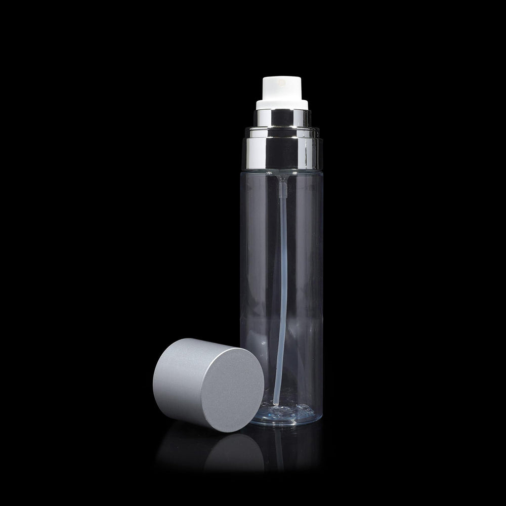 Clear fine mist sprayer bottle with matte silver cap