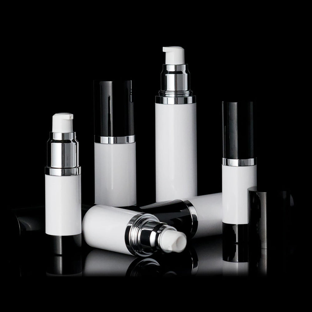 Luxe 15 ML Airless Bottle Glossy Black with White Bottle - Cosmetic Packaging Now