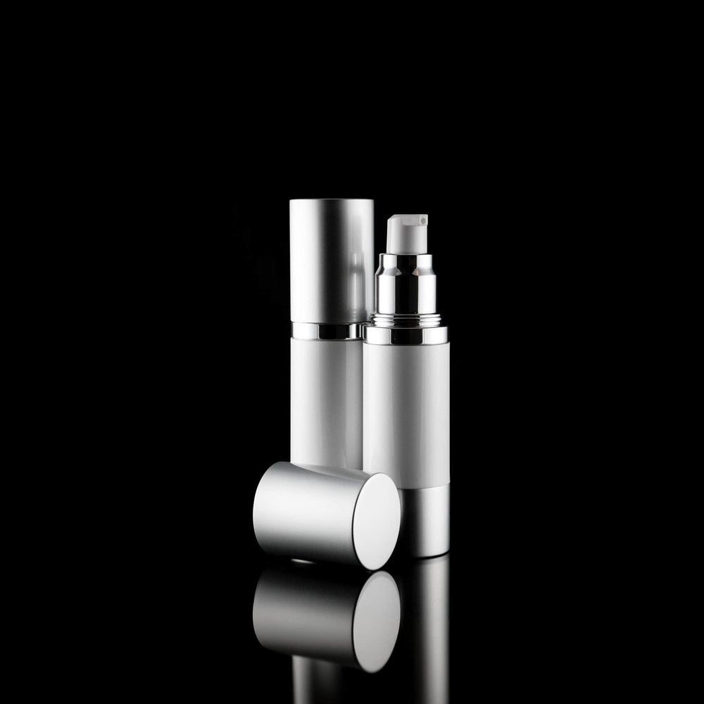 Luxe 30 ML Airless Bottle Matte Silver with White Bottle - Cosmetic Packaging Now