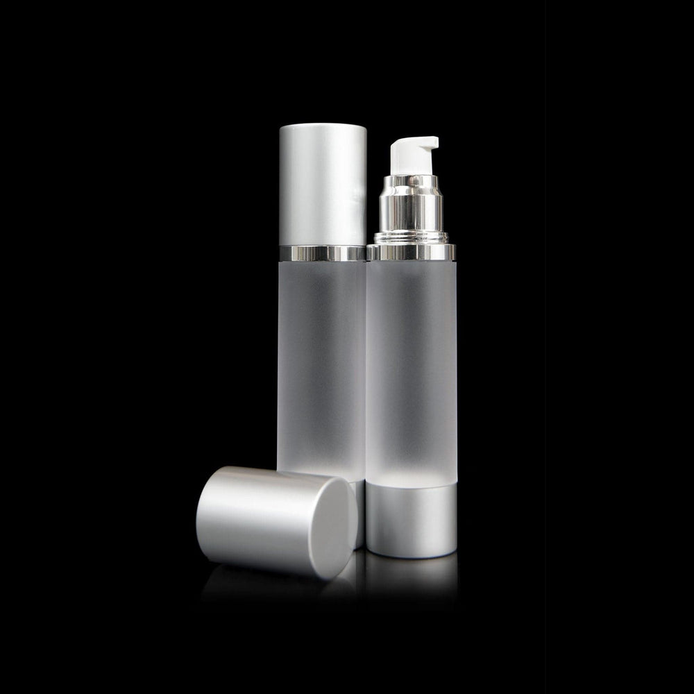 Luxe 50 ML Airless Bottle Matte Silver with Frosted Bottle - Cosmetic Packaging Now