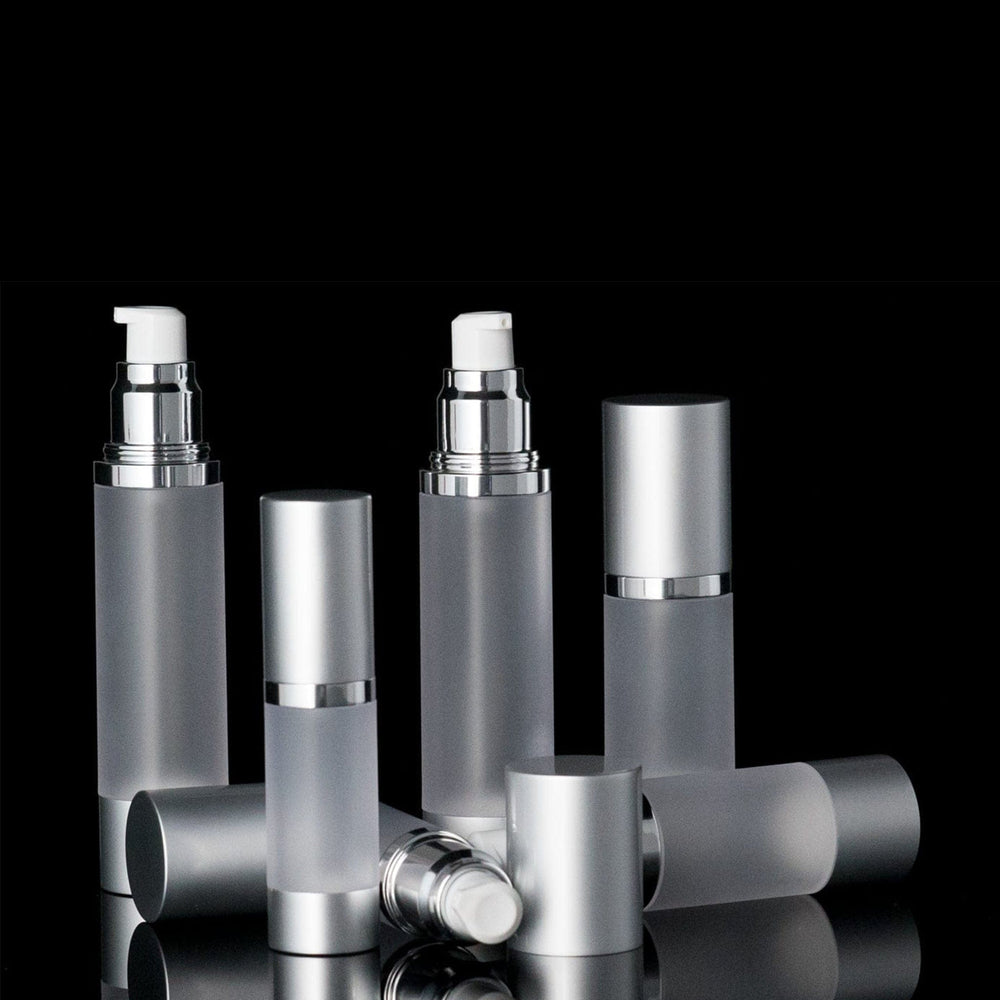 Luxe 50 ML Airless Bottle Matte Silver with Frosted Bottle - Cosmetic Packaging Now