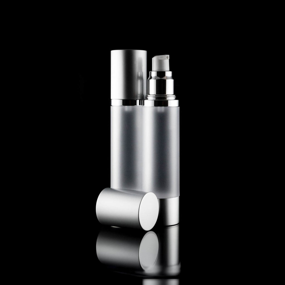 Luxe 50 ML Airless Bottle Matte Silver with Frosted Bottle - Cosmetic Packaging Now