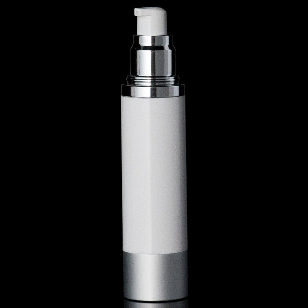 Luxe 50 ML Airless Bottle Matte Silver with White Bottle - Cosmetic Packaging Now