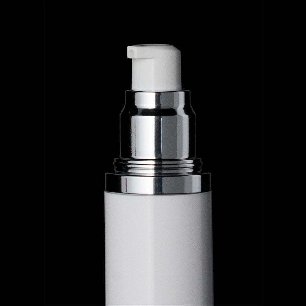 Luxe 50 ML Airless Bottle Matte Silver with White Bottle - Cosmetic Packaging Now