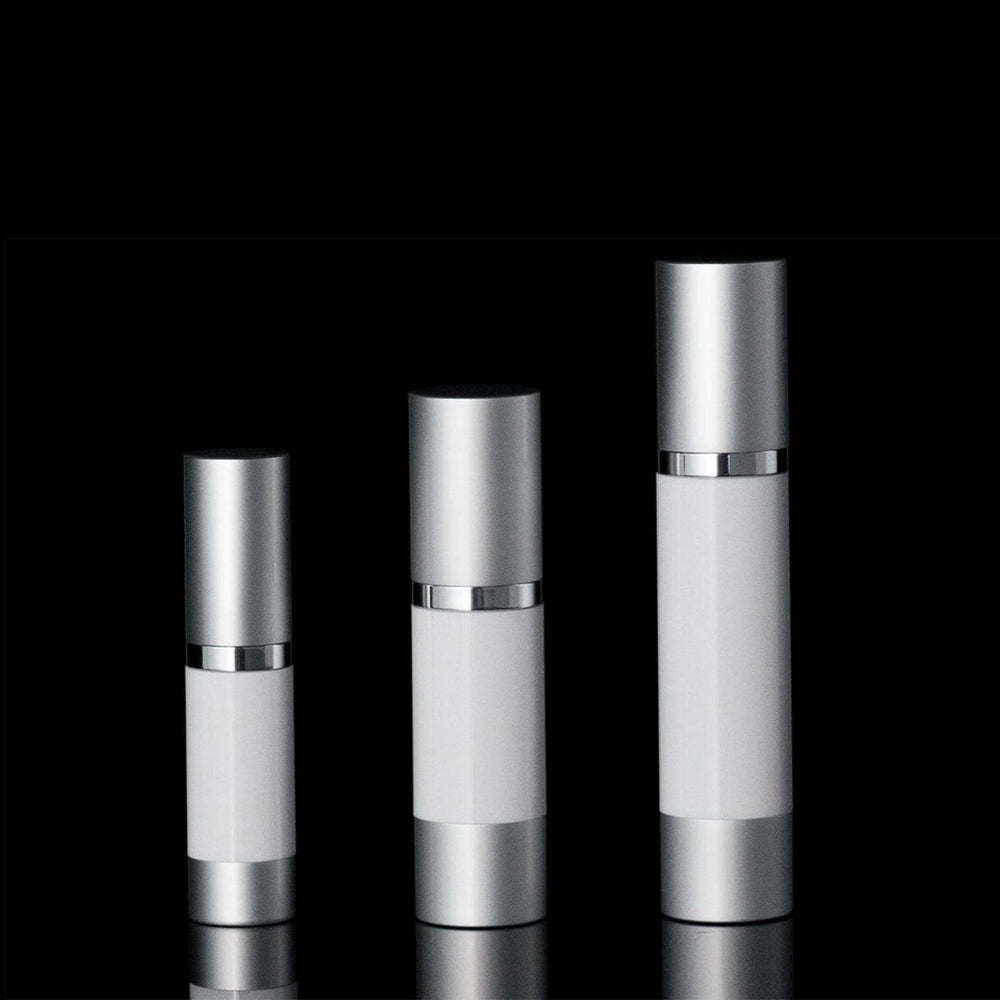 Luxe 50 ML Airless Bottle Matte Silver with White Bottle - Cosmetic Packaging Now