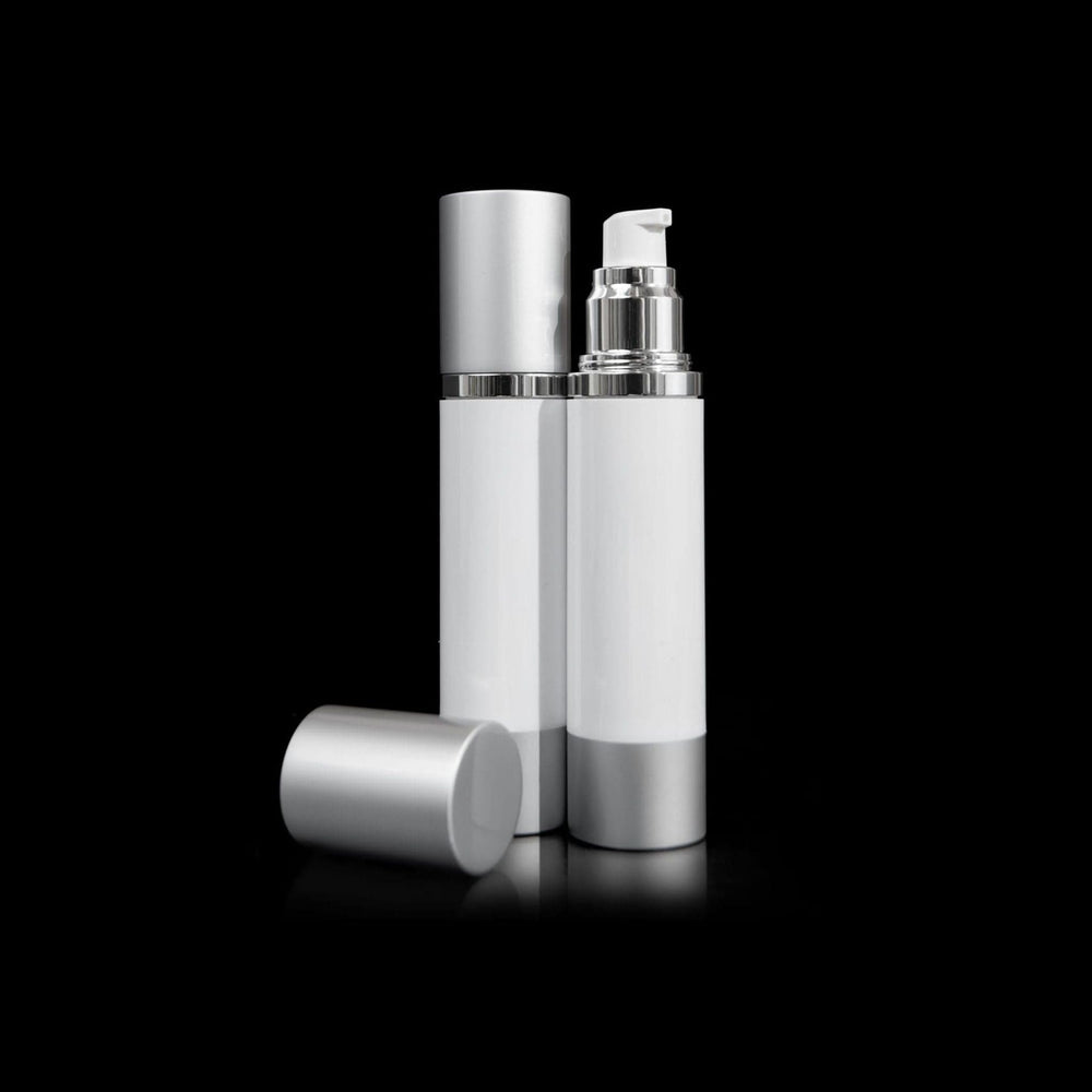 Luxe 50 ML Airless Bottle Matte Silver with White Bottle - Cosmetic Packaging Now